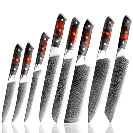 Set of seven knives with wooden handles on a white background