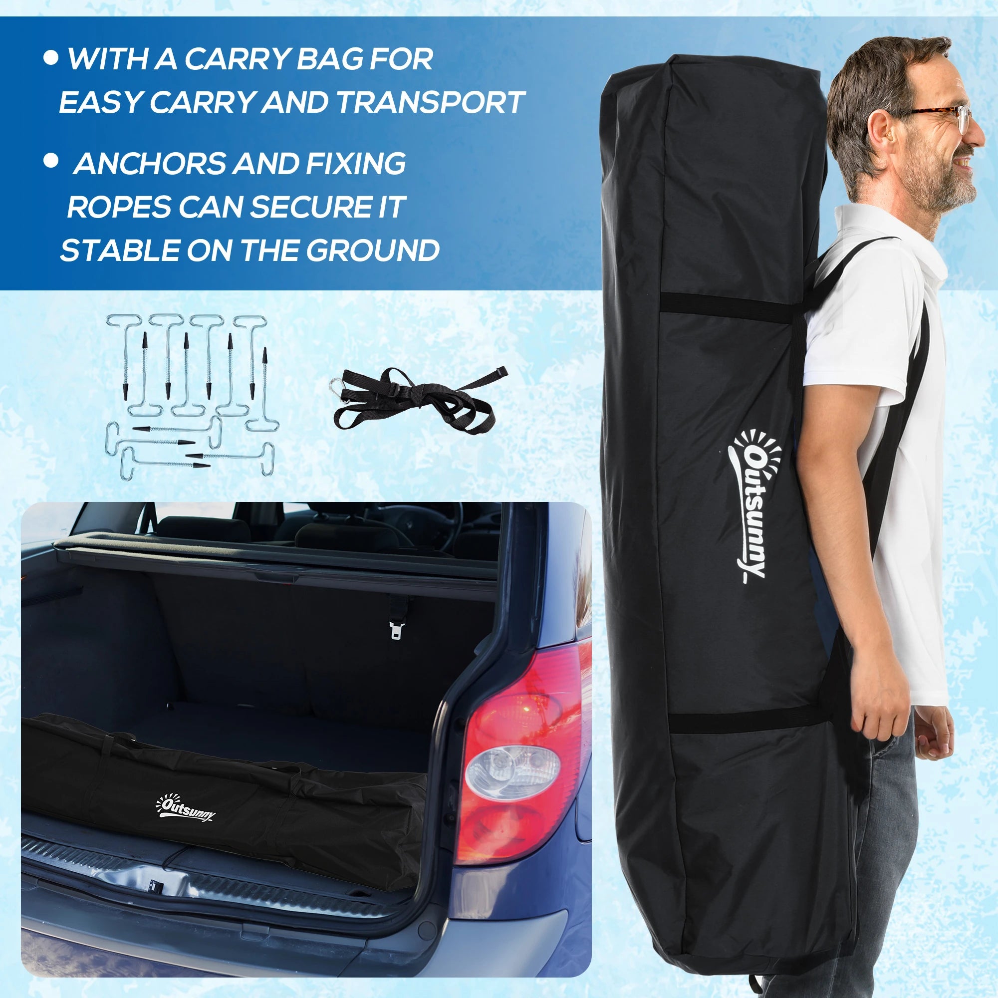 Person holding a carrying bag for outdoor equipment with text on its features.