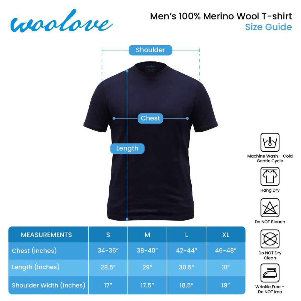 Men's 100% Merino Wool Short Sleeve T-Shirt 180 GSM - Lightweight