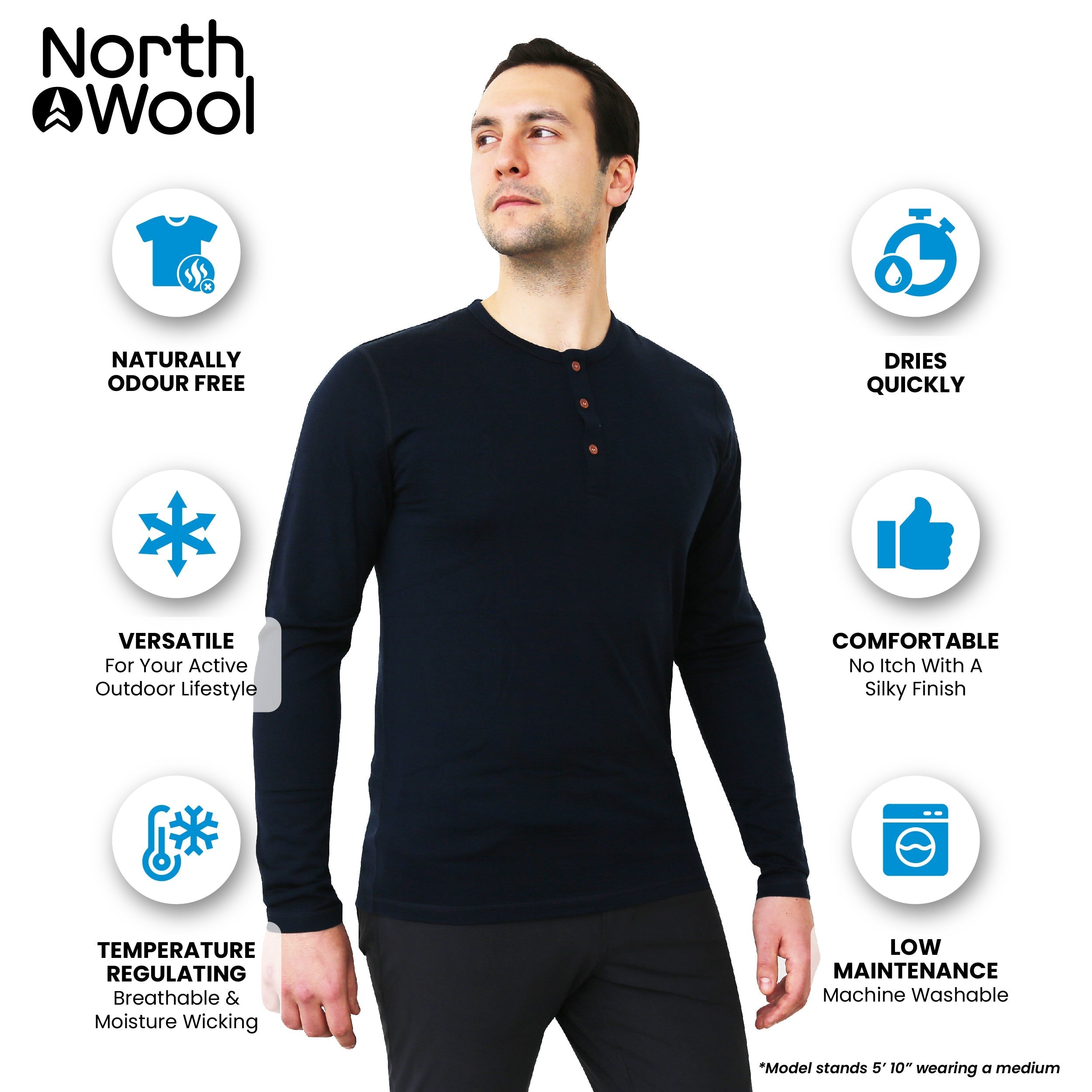 NorthWool Men's Merino Wool Long Sleeve Henley Base Layer Shirt 260 GSM