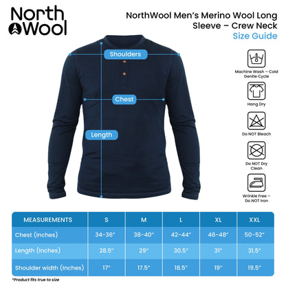NorthWool Men's Merino Wool Long Sleeve Henley Base Layer Shirt 260 GSM