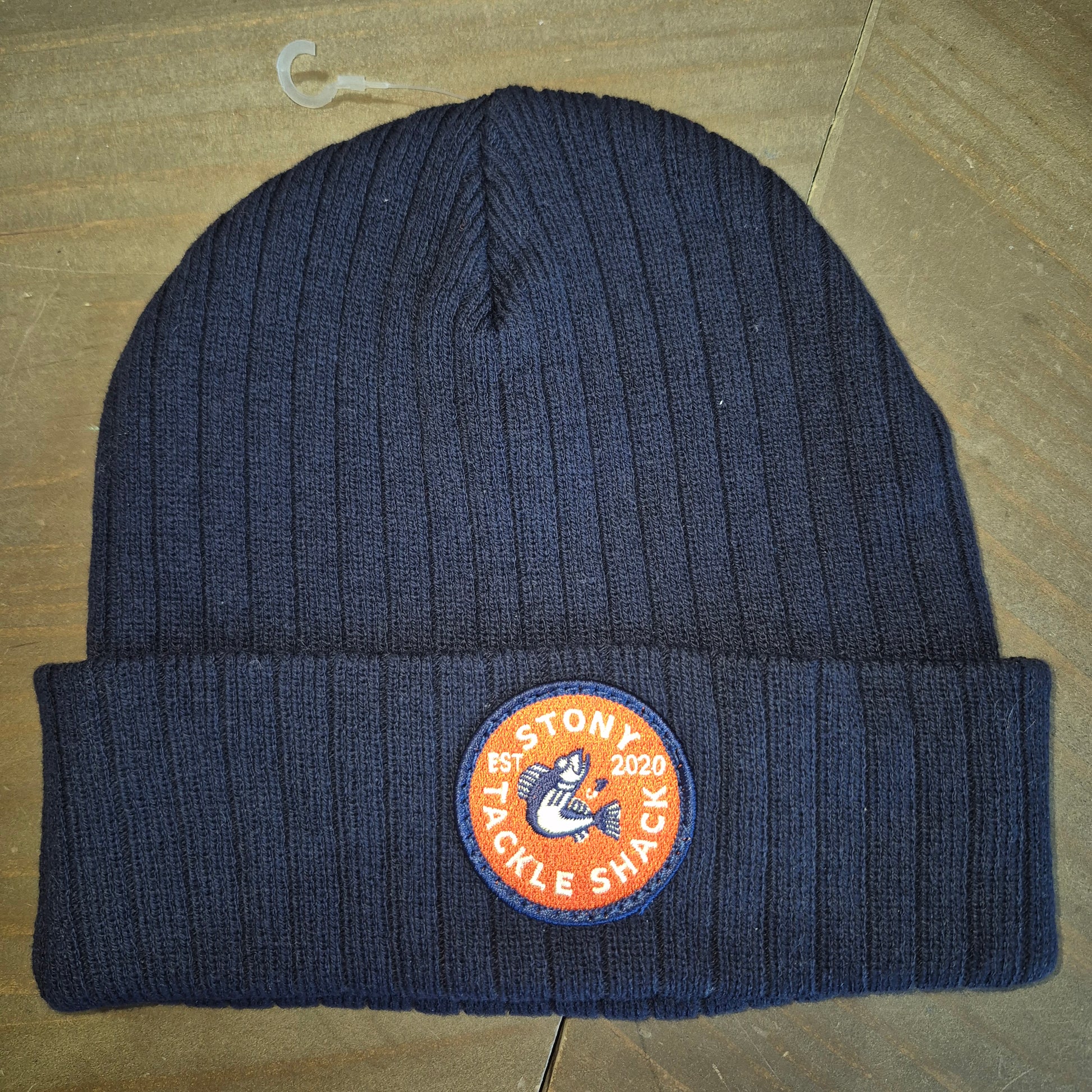 Navy Blue Knit Ribbed Toque/Beanie with red stony tackle logo