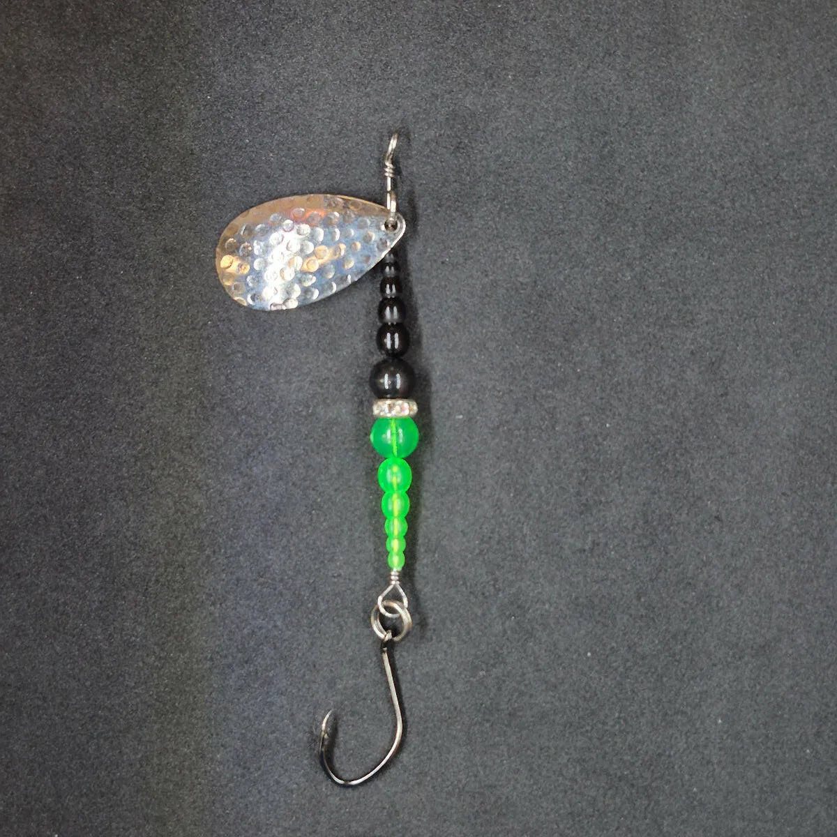 Spitfire Fishing Supermarine MK2 Wedding Ring Spinners on black background black, green, nickel blade