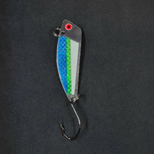 Spitfire Hawker Trolling Spoon 3" on black background frontside of spoon blue green glow