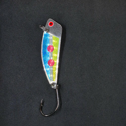 Spitfire Hawker Trolling Spoon 3" on black background frontside of spoon blue glow chartreuse with pink dots