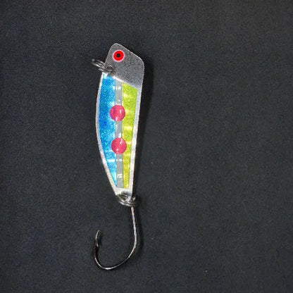 Spitfire Hawker Trolling Spoon 3" on black background frontside of spoon blue glow chartreuse with pink dots