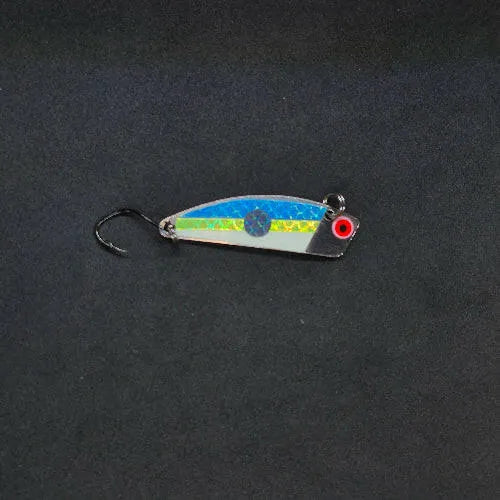 Spitfire Hawker Trolling Spoon 2" on black background frontside of spoon blue chartreuse glow with blue dot