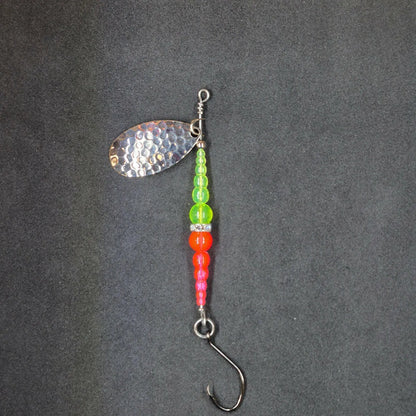 Spitfire Fishing Supermarine MK2 Wedding Ring Spinners on black background chartreuse, pink, nickel blade