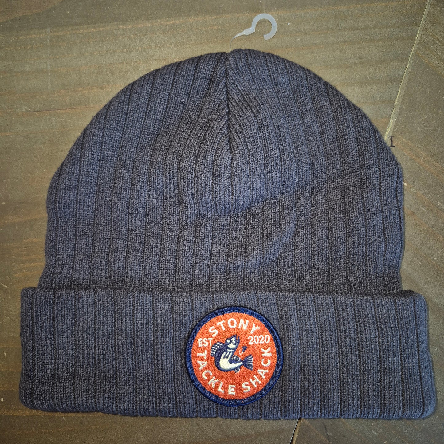 Grey Knit Ribbed Toque/Beanie with red stony tackle logo