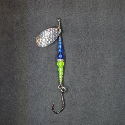 Spitfire Fishing Supermarine MK2 Wedding Ring Spinners on black background blue, chartreuse, nickel blade