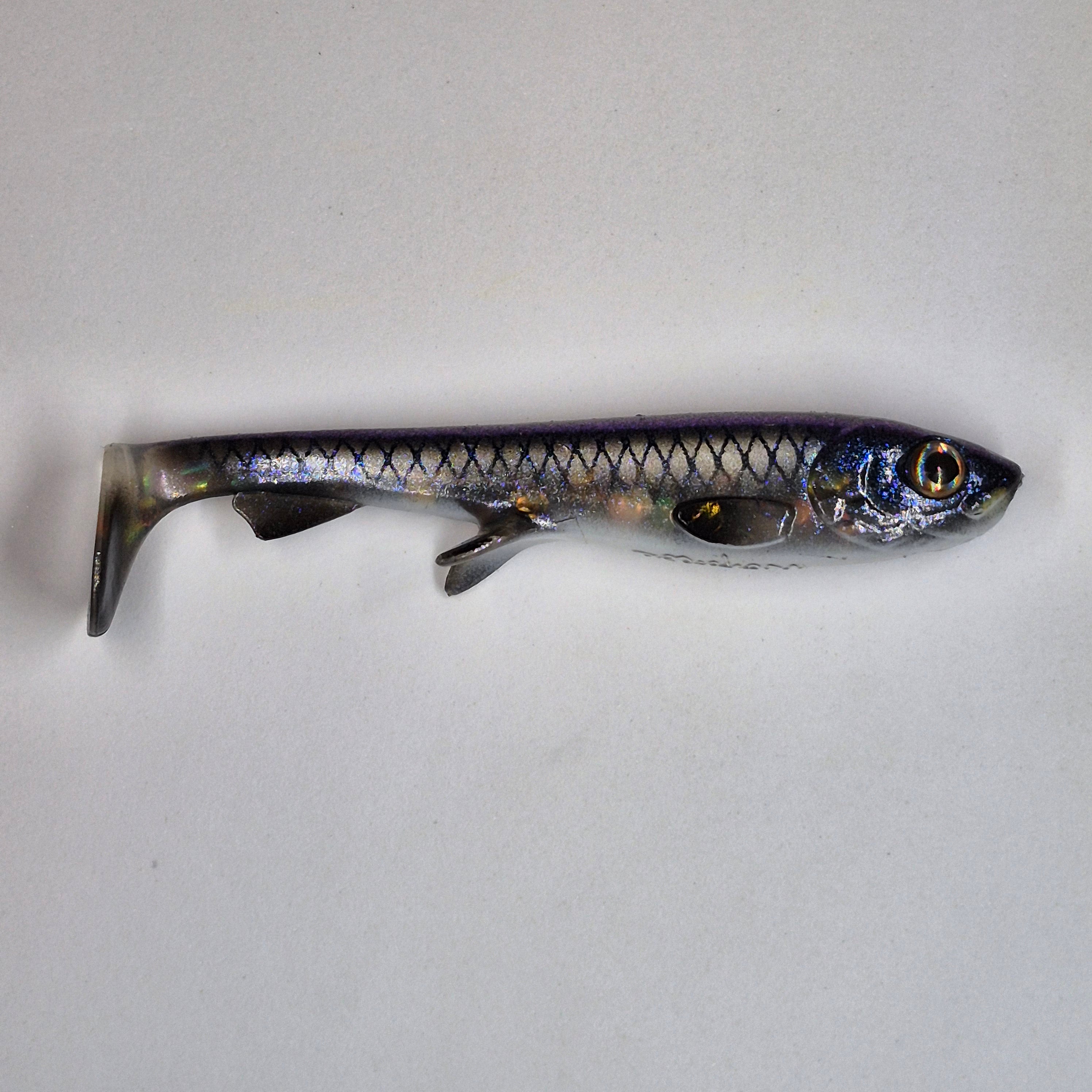 A realistic soft plastic fishing lure shaped like a small fish, shown from the side on a plain light gray background. The lure has a silver and blue-gray body with black scale details, a gold eye, and subtle iridescent shimmer.
