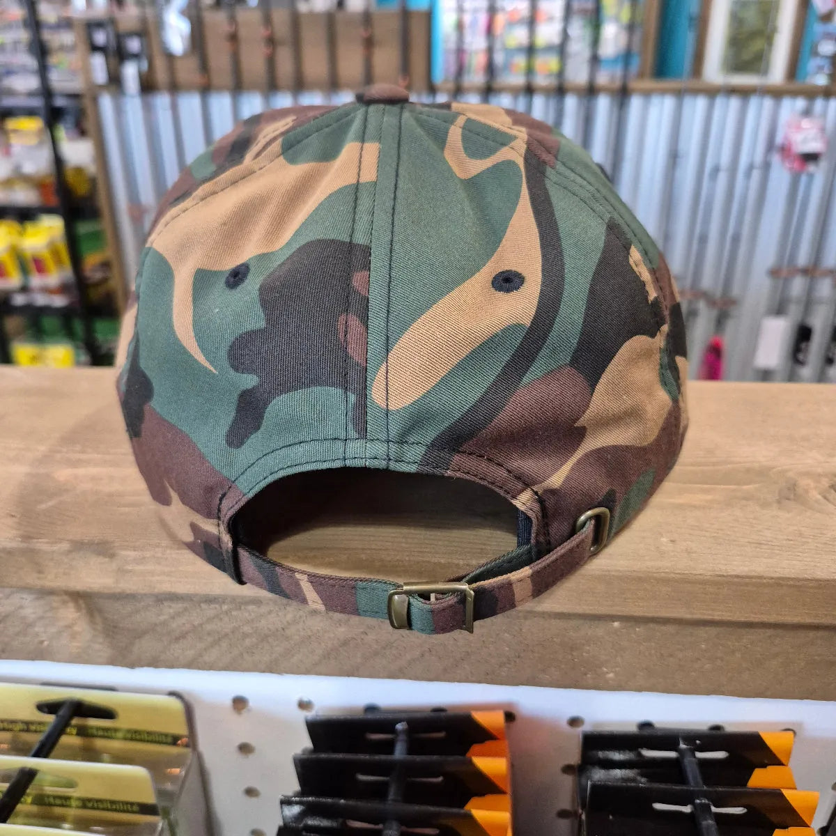 back view of camo dad hat in store setting