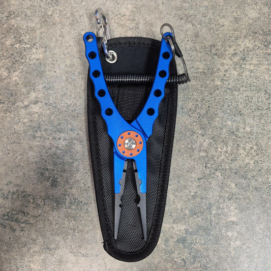 Blue fishing pliers on grey background