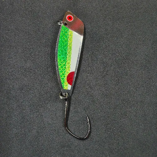 Spitfire Hawker Trolling Spoon 3" on black background frontside of spoon Green Chartreuse glow with red dot