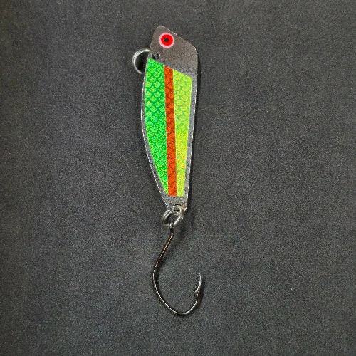 Spitfire Hawker Trolling Spoon 3" on black background frontside of spoon green orange chartreuse
