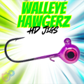 Purple fishing lure with 'Walleye Hawgerz HD Jigs' text on a colorful background