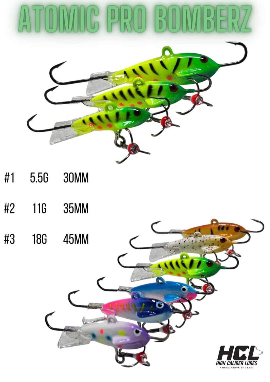 Collection of colorful Atomic Bomberz fishing lures with specifications on a white background, featuring the brand 'HCL'. 