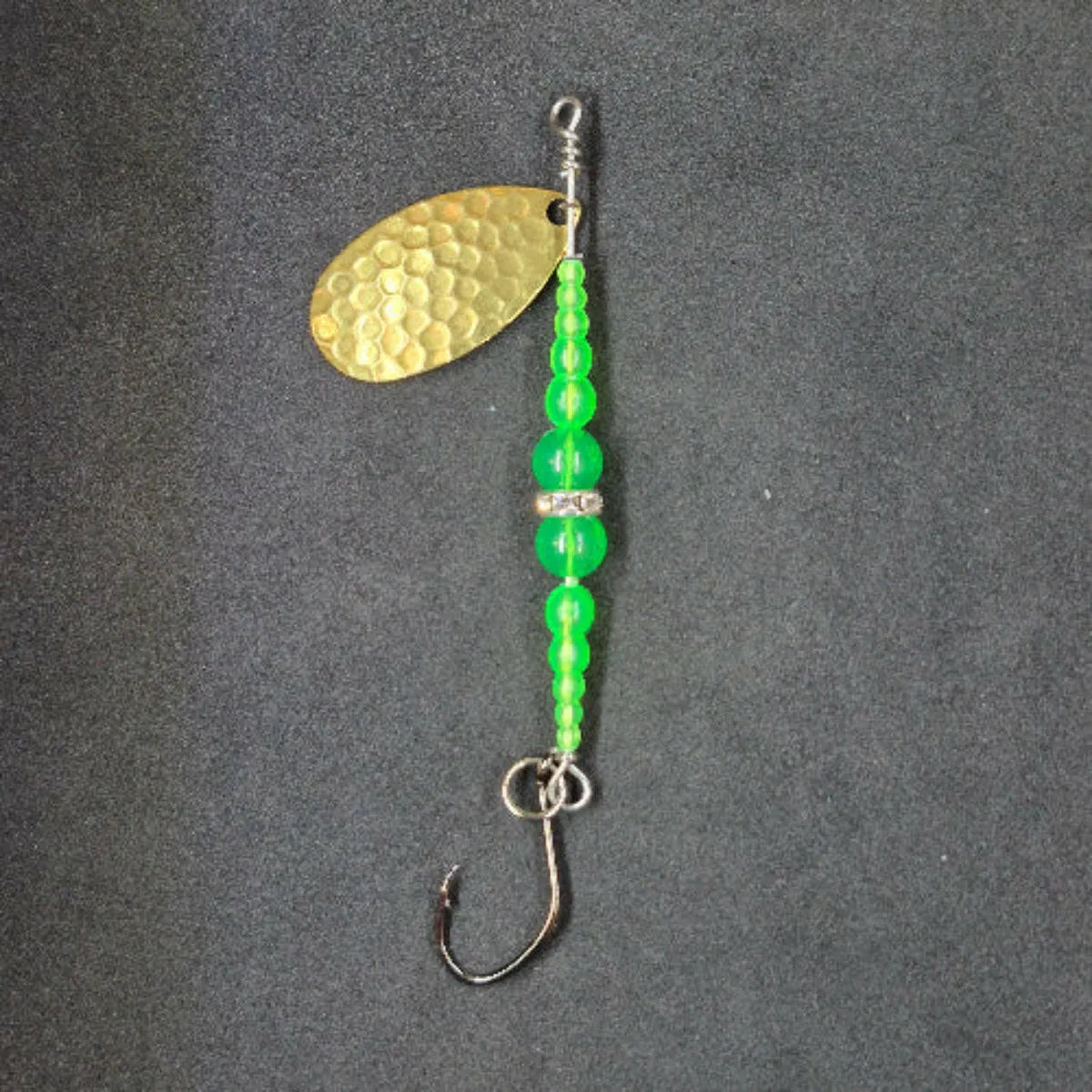 Spitfire Fishing Supermarine MK2 Wedding Ring Spinners on black background Green, Green, Gold Blade