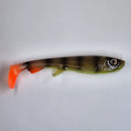 A soft plastic fishing lure shaped like a small fish, featuring a translucent olive-green body with dark brown vertical stripes, a bright orange tail, and a detailed silver-and-black eye.