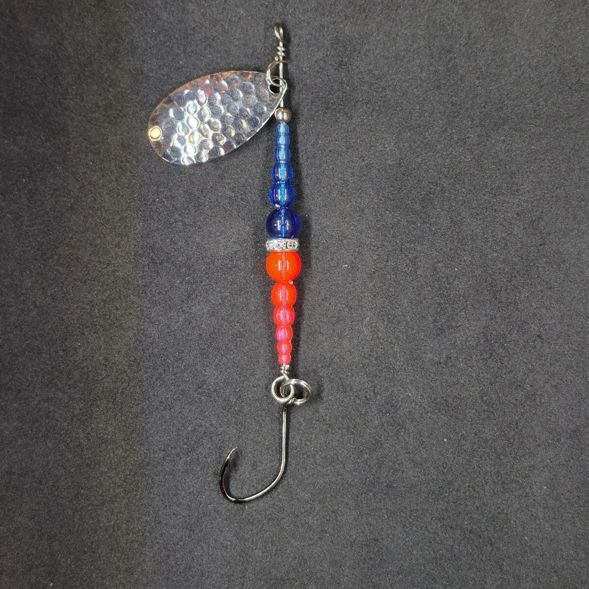 Spitfire Fishing Supermarine MK2 Wedding Ring Spinners on black background blue, red, nickel blade