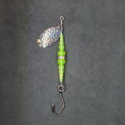 Spitfire Fishing Supermarine MK2 Wedding Ring Spinners on black background chartreuse, chartreuse, nickel blade