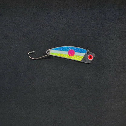 Spitfire Hawker Trolling Spoon 2" on black background frontside of spoon Blue Glow Chartreuse with pink dot 
