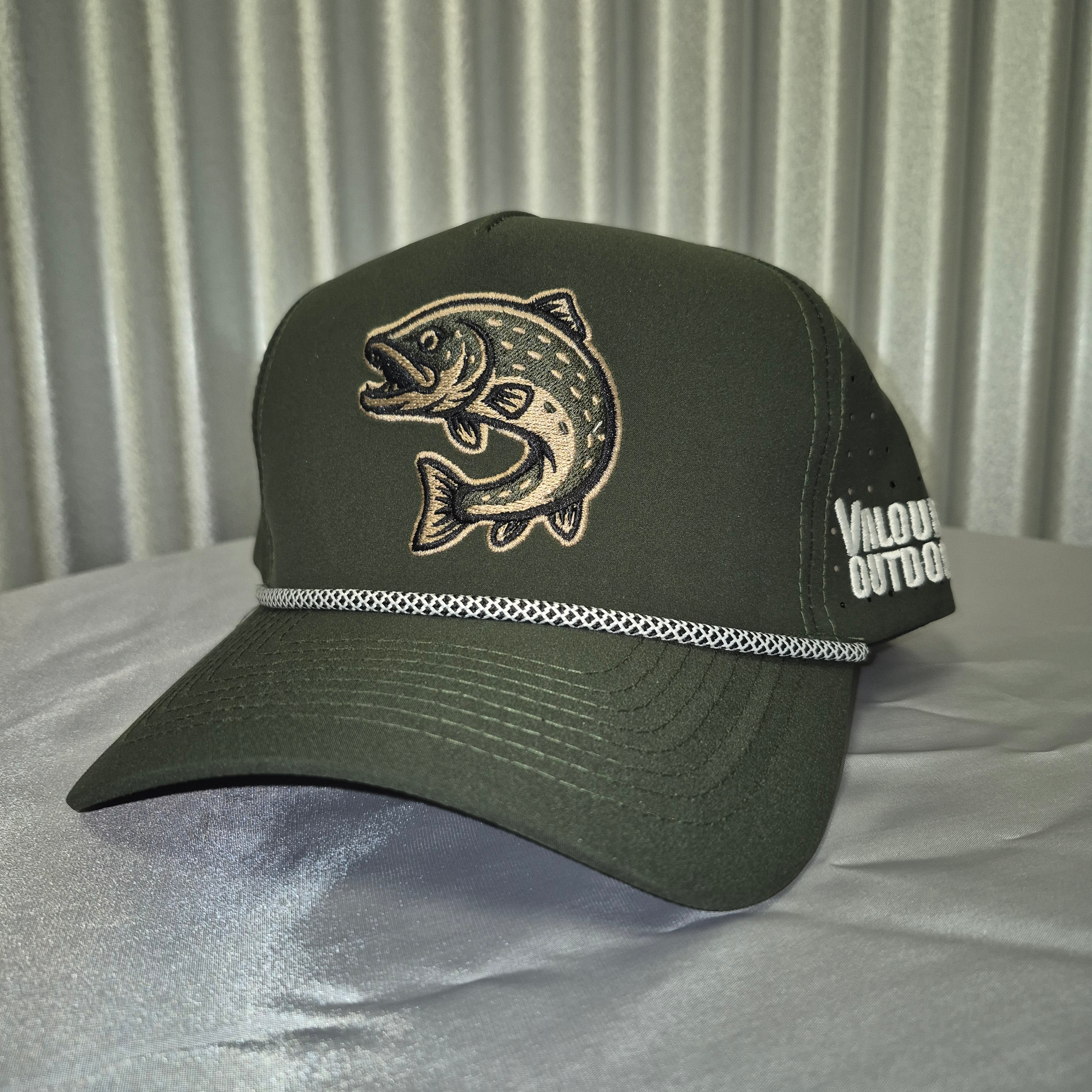 Green cap with fish emblem on a corrugated metal background