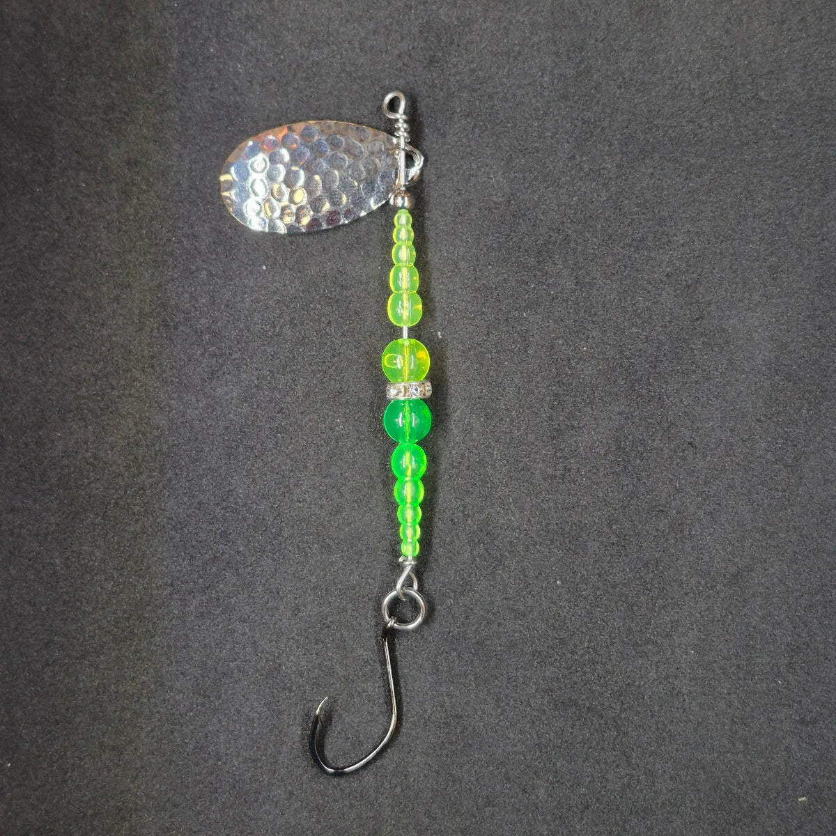 Spitfire Fishing Supermarine MK2 Wedding Ring Spinners on black background chartreuse, green, nickel blade