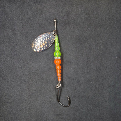 Spitfire Fishing Supermarine MK2 Wedding Ring Spinners on black background Chartreuse, orange, nickel blade