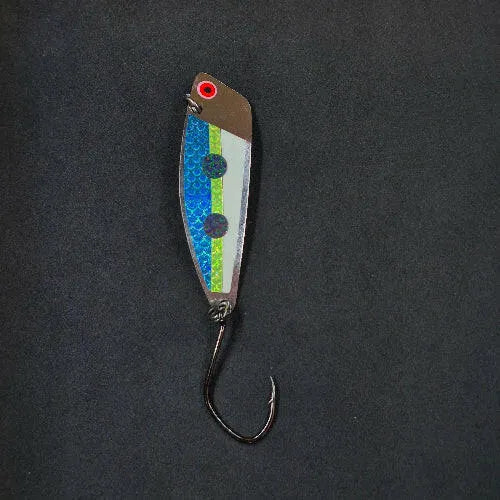 Spitfire Hawker Trolling Spoon 3" on black background frontside of spoon Blue Chartreuse Glow with blue dots