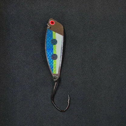 Spitfire Hawker Trolling Spoon 3" on black background frontside of spoon Blue Chartreuse Glow with blue dots