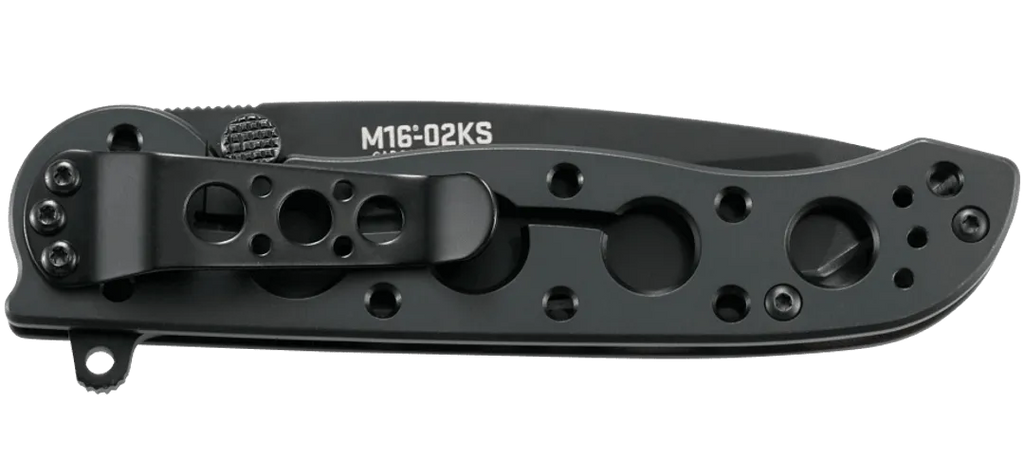 Black folding knife with visible branding on a white background