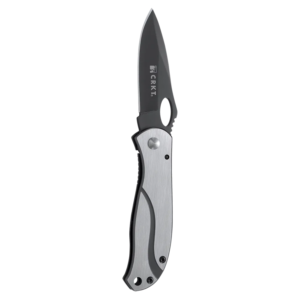 Folding knife with black blade and silver handle on a white background