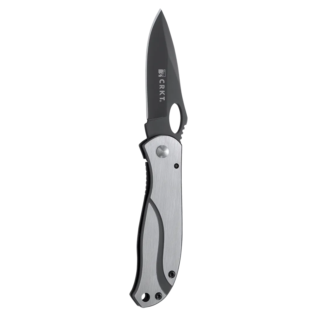Folding knife with black blade and silver handle on a white background