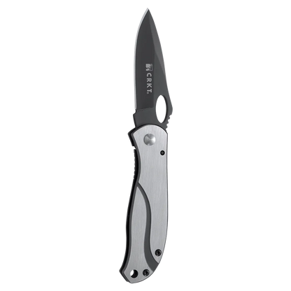 Folding knife with black blade and silver handle on a white background