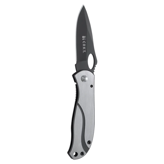 Folding knife with black blade and silver handle on a white background