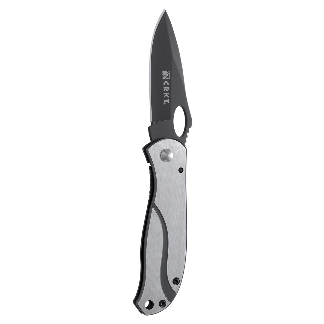 Folding knife with black blade and silver handle on a white background