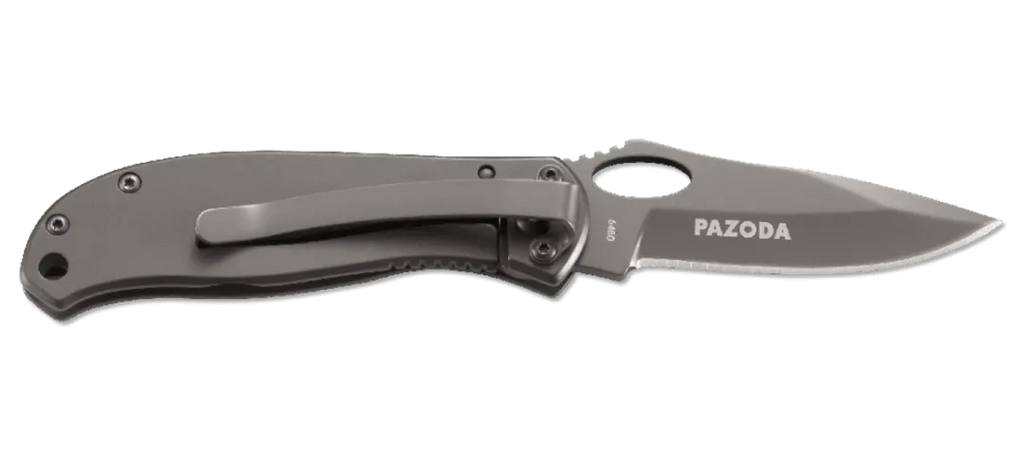 Folding knife with 'PAZODA' branding on a white background