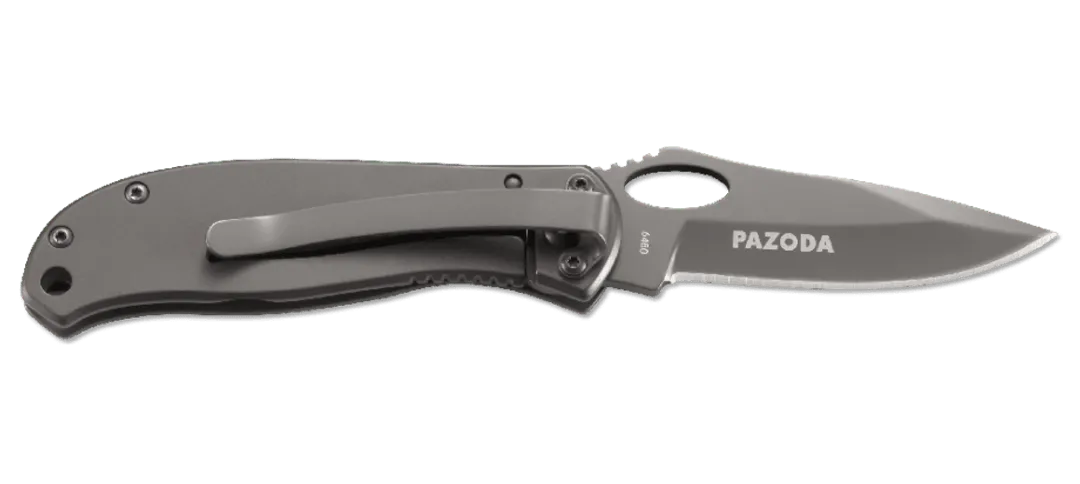 Folding knife with 'PAZODA' branding on a white background