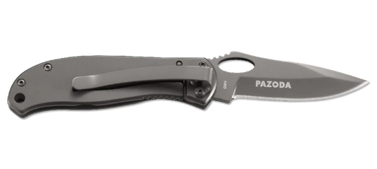 Folding knife with 'PAZODA' branding on a white background
