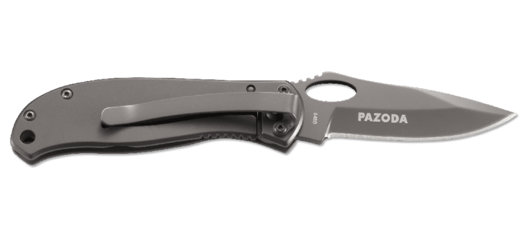 Folding knife with 'PAZODA' branding on a white background