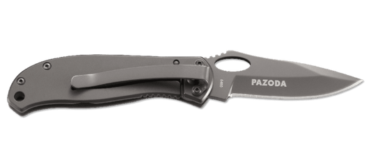 Folding knife with 'PAZODA' branding on a white background