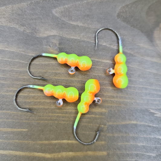 Big Sky Gruesome Grubs Glow Jigs 1/8oz 4/pack Glow Yellow/Orange Splash