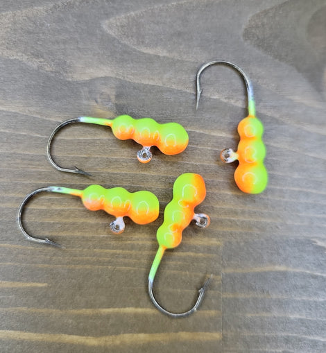 Big Sky Gruesome Grubs Glow Jigs 1/8oz 4/pack Glow Yellow/Orange Splash