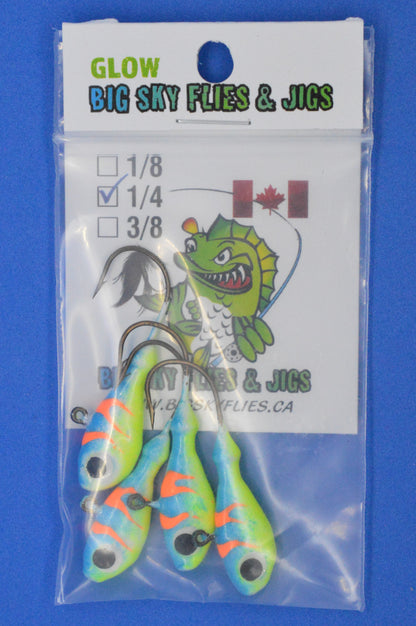 Big Sky Deluxe Ultra Minnow 1/4oz Jigs 4/pack Blue/Lemon w/Orange Lines