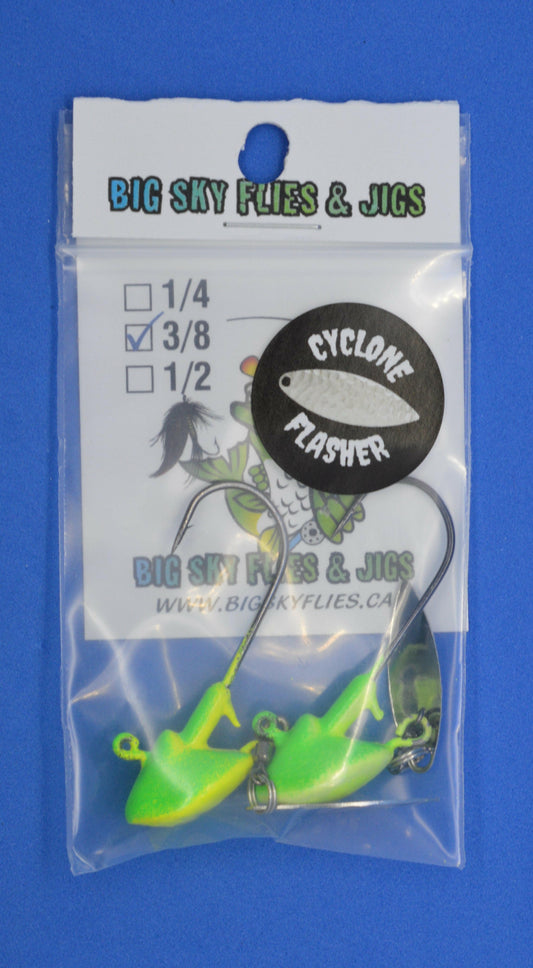 Big Sky Cyclone Flasher Jigs 3/8oz 2/pack Walleye Slayer (Lime/Lemon)